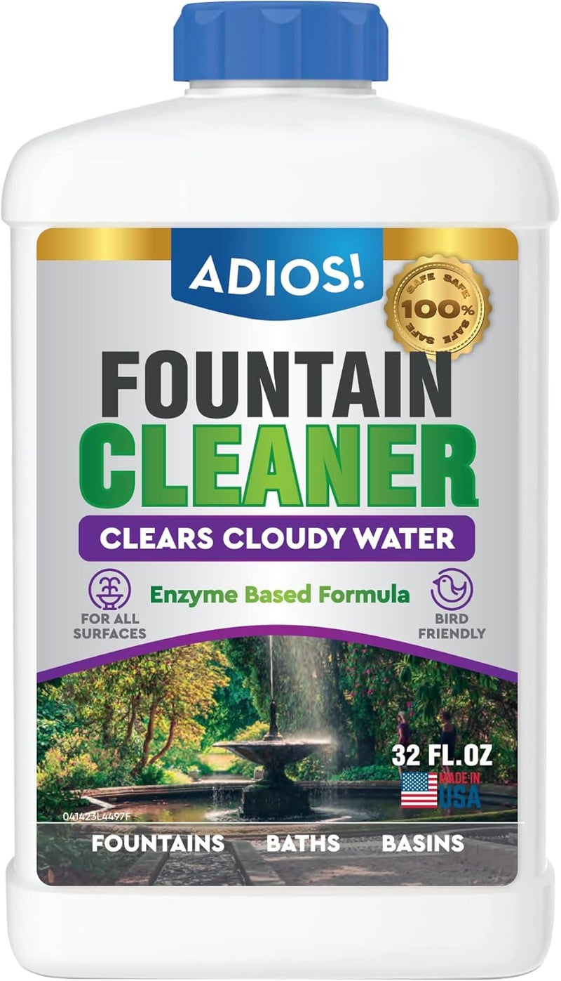 ADIOS! Fountain Cleaner and Clarifier for Outdoor and Indoor Fountains – Safe for Plastic, Metal, Glass and Stone (32oz) - Image 1